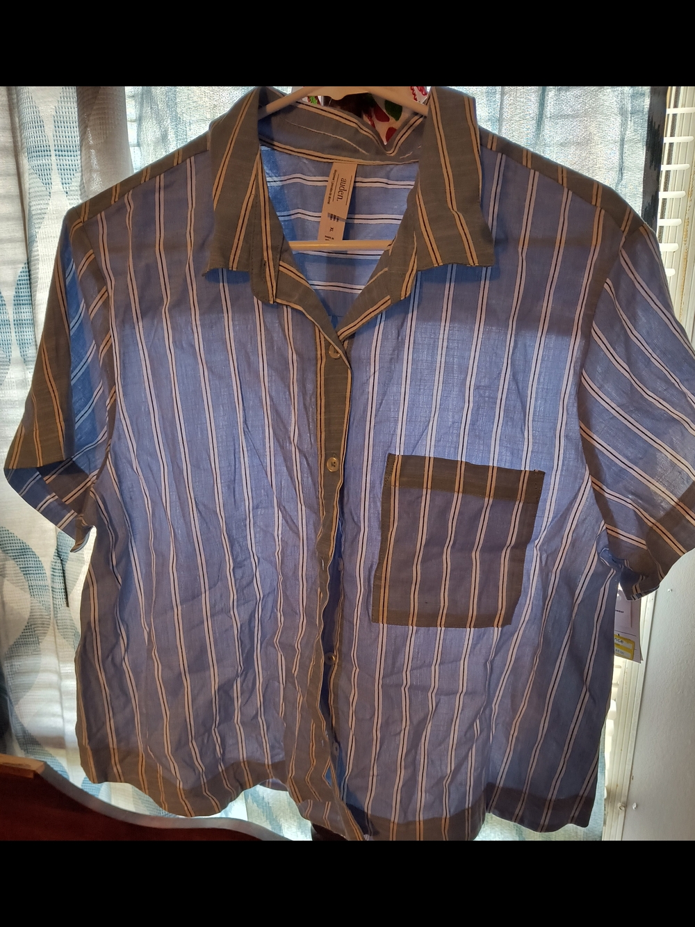 Auden Blue Stripe Short-Sleeve Button-Up Shirt with Brown Trim